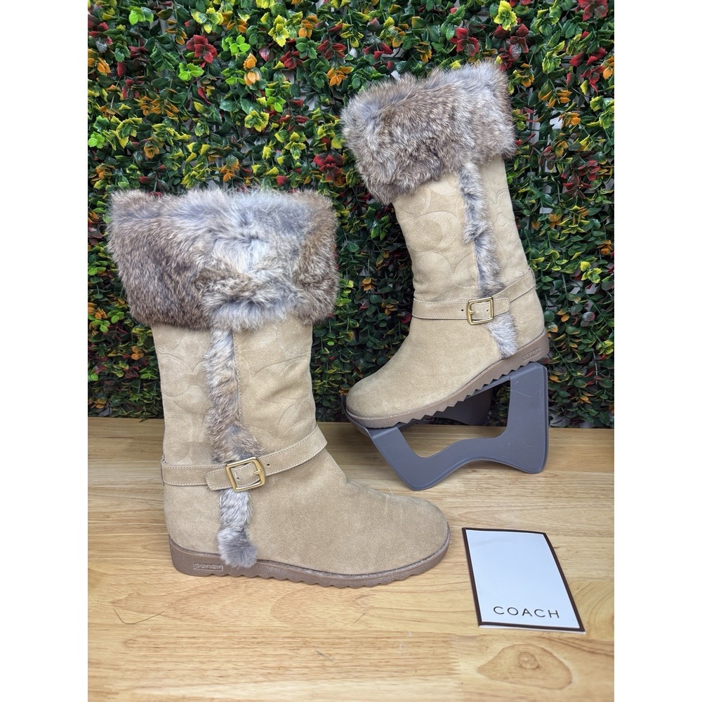Coach Deeann‎ Boots Leather Fur Embossed Cam Camel Beige Women's 9.5 B Vintage